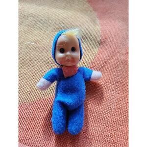 Vintage Bean Matchbox Size Mini Bean Doll 3" Blue Outfit Blue Eyes